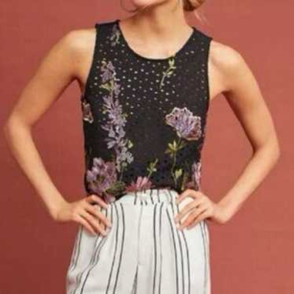 Anthropologie Tops - Anthropologie Black Embroidered Floral Top